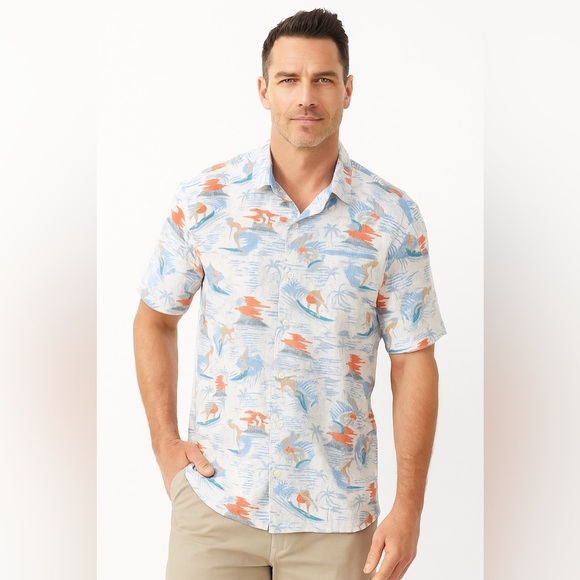 Tommy Bahama Shirt White Surfer Print Beach Button Up Short Sleeve Mens Medium - Picture 1 of 12